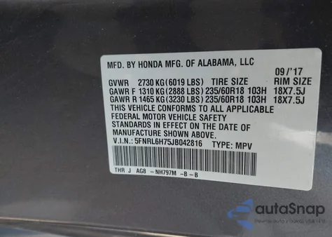 2018 Honda Odyssey Ex-L из США, поврежденный, VIN 5FNRL6H75JB042816